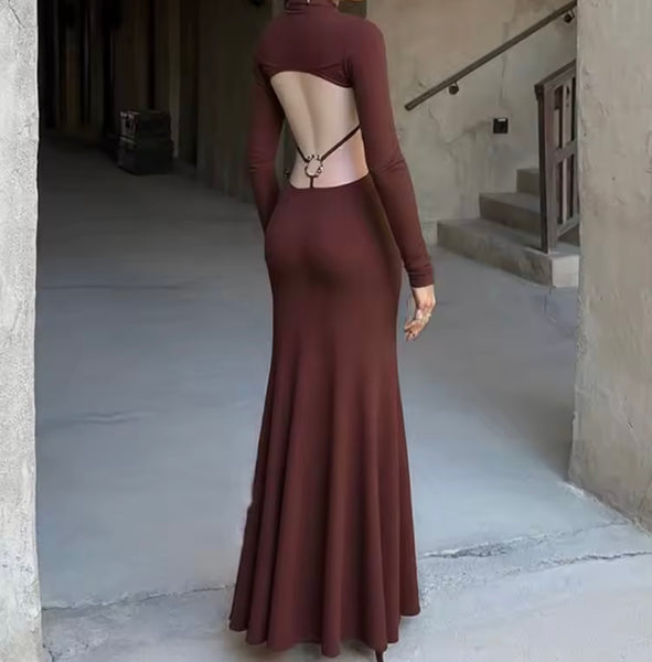 Women Sexy Brown Full Sleeve Open Back Maxi Dress