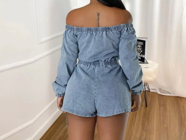 Women Sexy Off The Shoulder Full Sleeve Tie Up Denim Romper