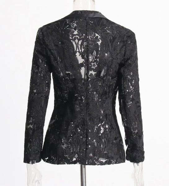 Women Sexy Fashion Black Lace Sequins Two Piece Blazer Pant Set