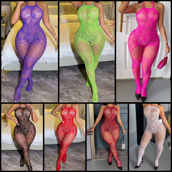 Women Sexy Halter Sleeveless Fishnet Bodystocking Lingerie