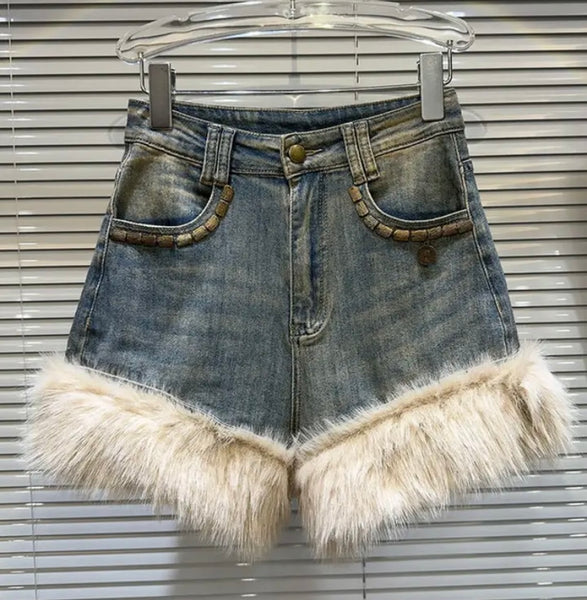 Women Denim Faux Fur Patchwork Fashion Shorts