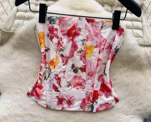 Women Sexy Colorful Floral Strapless Two Piece Skirt Set