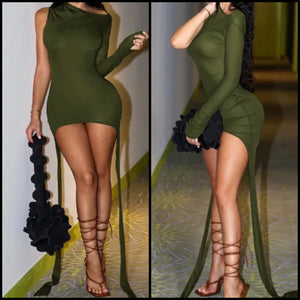 Women Green Sexy One Shoulder Full Sleeve Dress