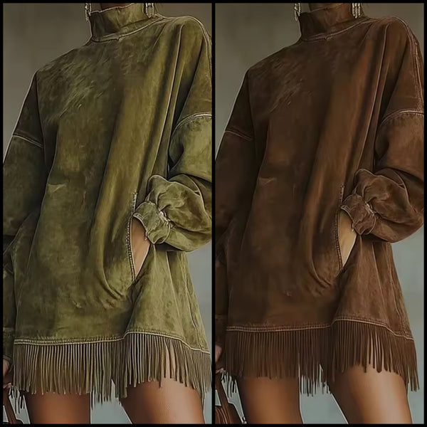 Women Fashion Suede Full Sleeve Fringe Tassel Dress