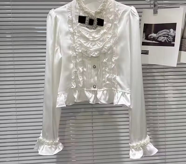 Women Ruffled Bling Button Up Bow Tie Full Sleeve Fashion Top
