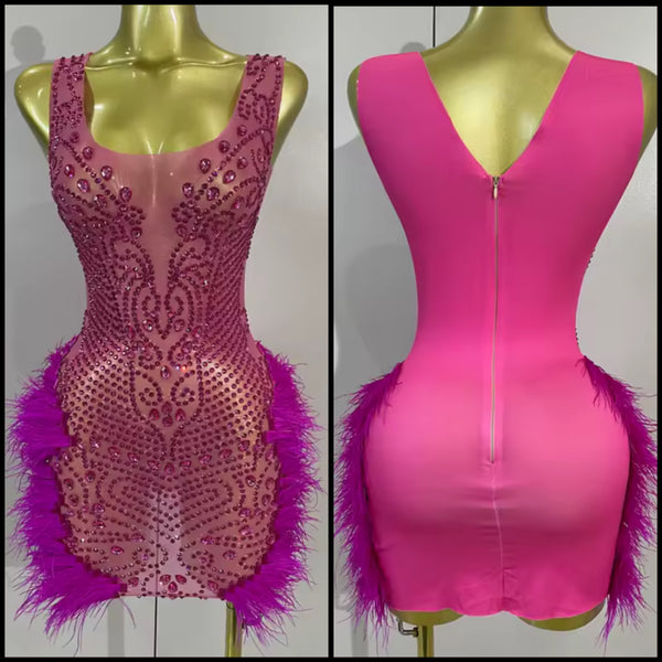 Women Sexy Sleeveless Pink Feather Rhinestone Dress