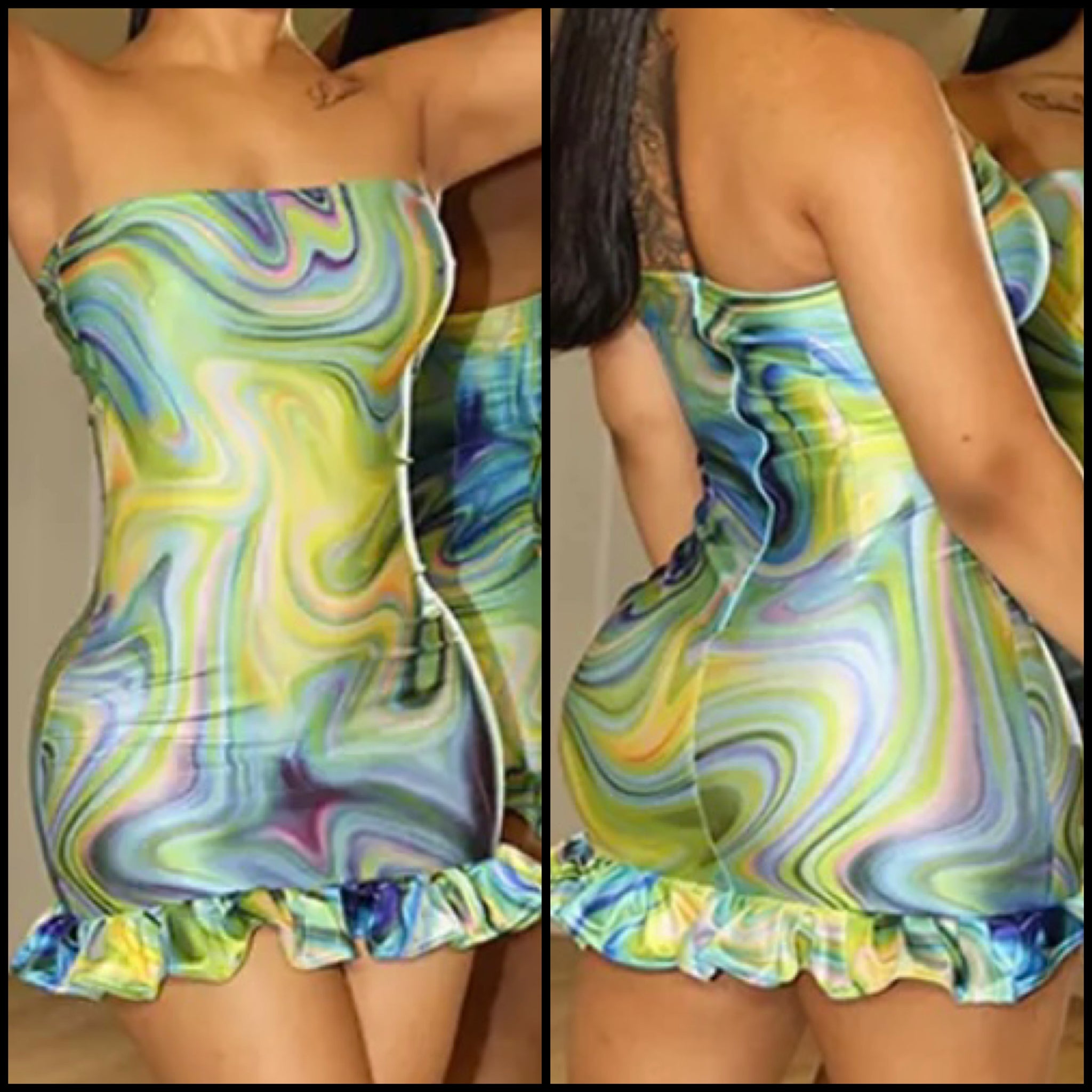 Women Multicolored Sexy Strapless Ruffled Dress