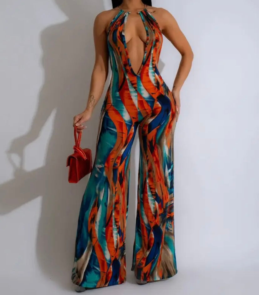 Women Sexy Colorful Print Halter Sleeveless Sexy Jumpsuit