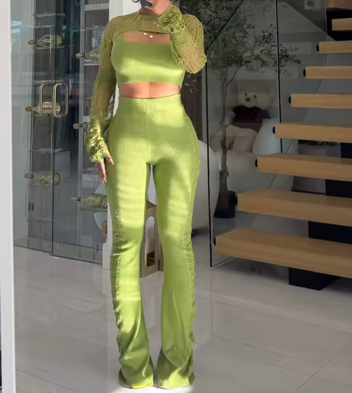 Women Color Knitted Fashion Three Piece Pant Set