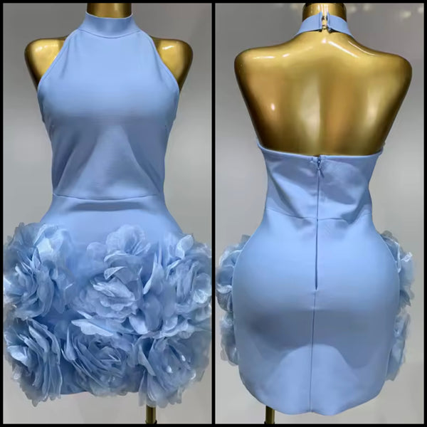 Women Sexy Blue Halter Sleeveless Floral Dress