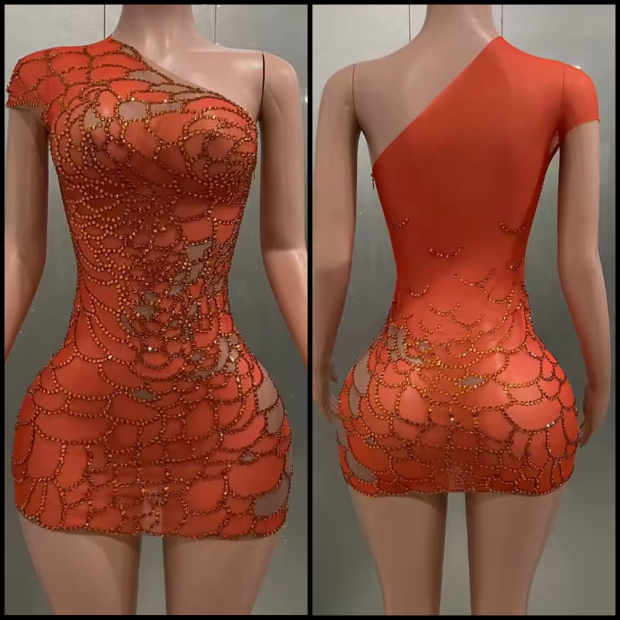 Women Orange One Shoulder Rhinestone Sexy Mesh Dress
