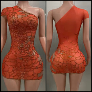 Women Orange One Shoulder Rhinestone Sexy Mesh Dress