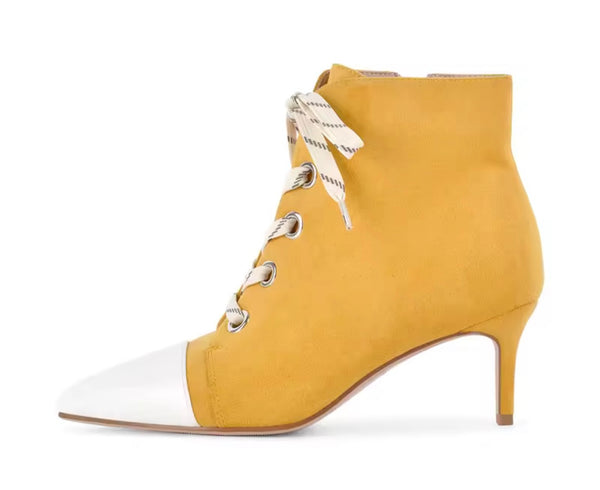 Women Fashion Pointed Toe Color Patchwork Tie Up Ankle Boots