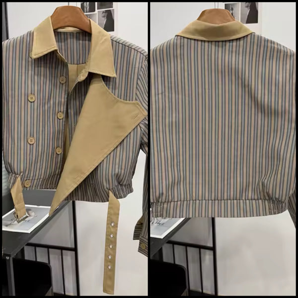 Women Fashion Striped Double Breasted Buckle Jacket