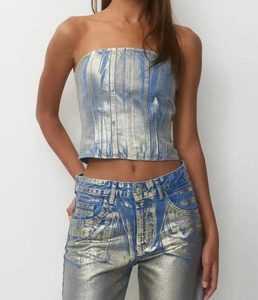 Women Sexy Fashion Strapless Metallic Denim Two Piece Pant Set