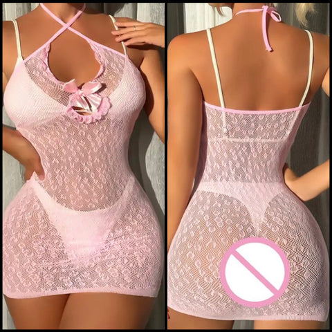 Women Sexy Pink Lace Halter Dress Lingerie