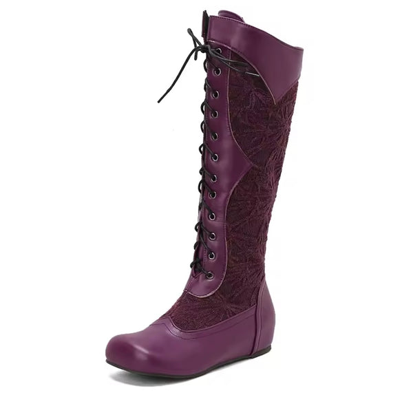 Women Fashion Floral Lace Up Flat Knee High Boots