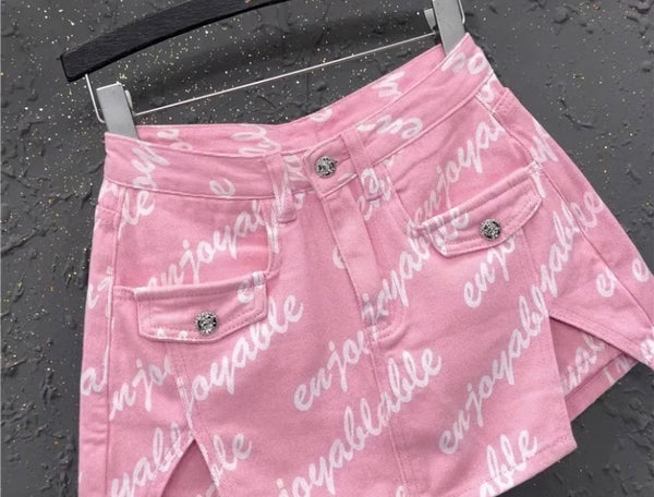 Women Fashion Pink Letter Print Denim Wrap Shorts