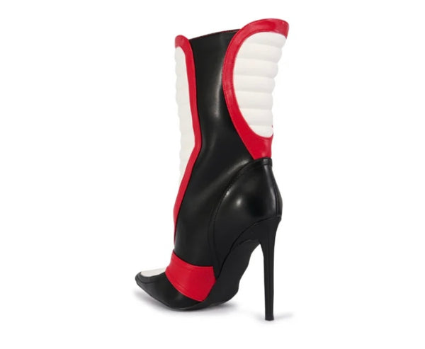Women Color Patchwork Pointed Toe Faux Leather Ankle Boots