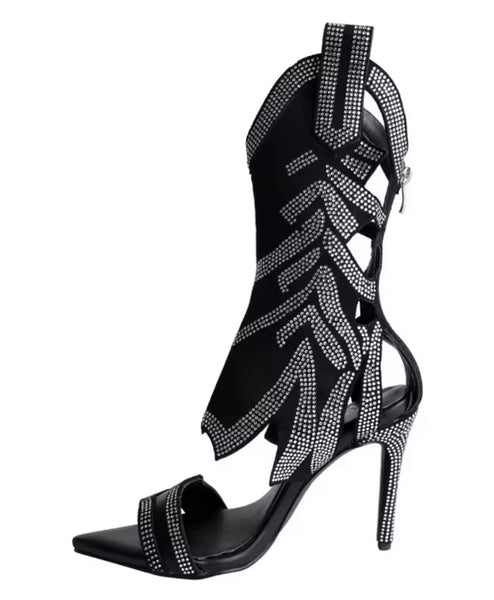 Women Fashion Open Toe Black Rhinestone High Heel Ankle Boots