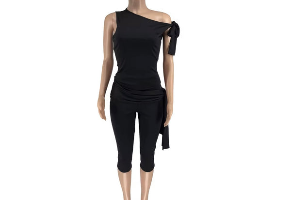 Women Sexy Solid Color Tassel Sleeveless Two Piece Capri Pant Set