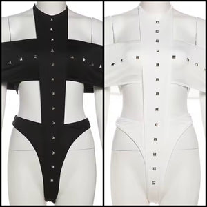 Women Solid Color Rivet Cut Out Sleeveless Bodysuit Top