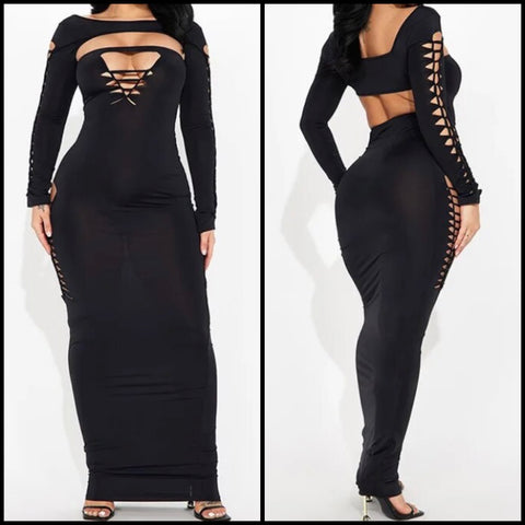 Women Black Sexy Full Sleeve Cut Out Open Back Maxi Dress