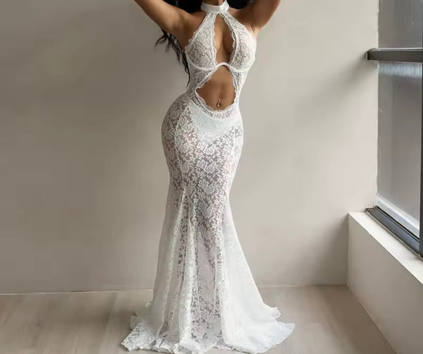 Women White Halter Sleeveless Lace Cut Out Sexy Maxi Dress