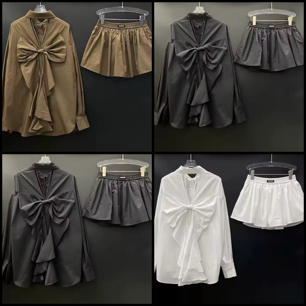 Women Ruffled Bow Full Sleeve Fashion Two Piece Skirt Set