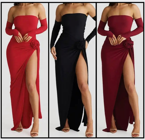 Women Sexy Strapless Bodysuit Glove Three Piece Maxi Skirt Set