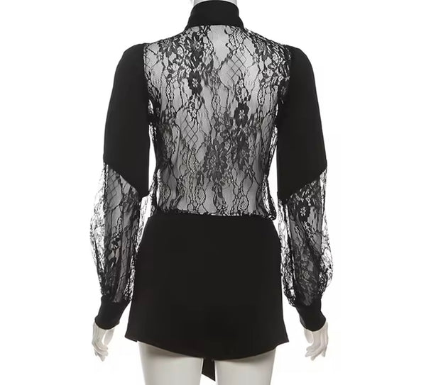 Women Black Lace Patchwork Full Sleeve Belted Fashion Romper