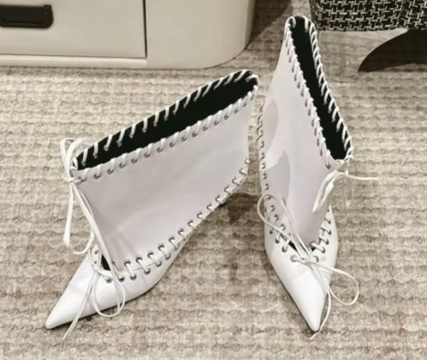 Women Fashion Metal Grommets Pointed Toe Kitten Heel Ankle Boots