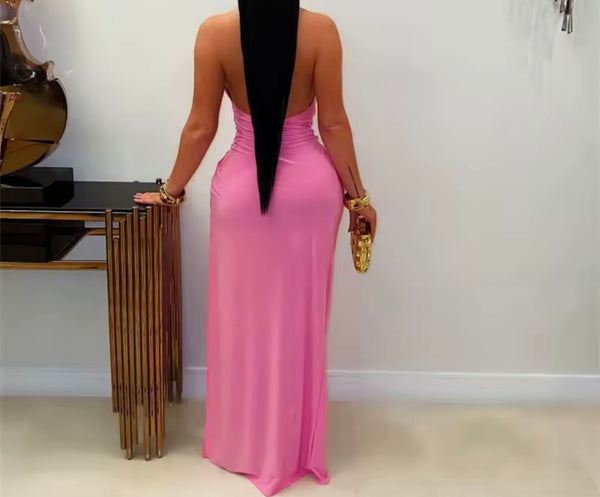Women Sexy Metal V-Neck Halter Maxi Dress