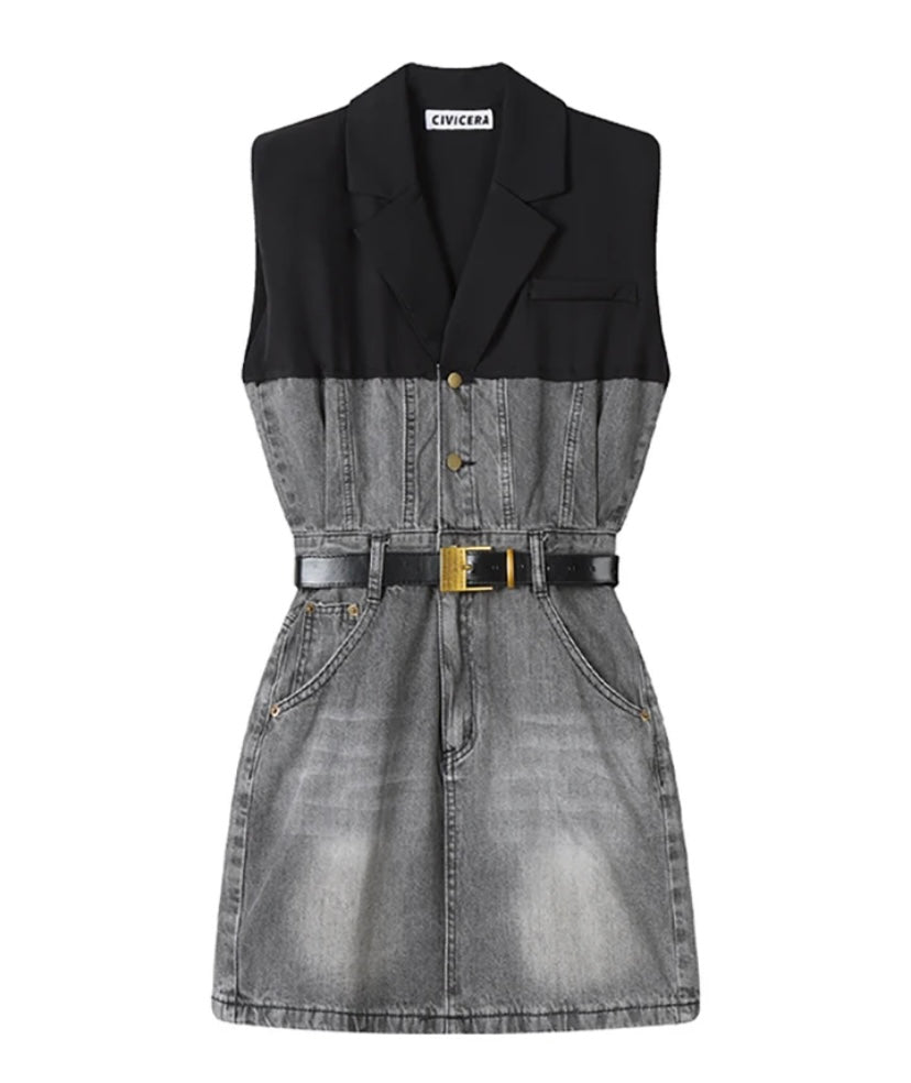 Women Button Up Sleeveless Color Patchwork Belted Denim Dress