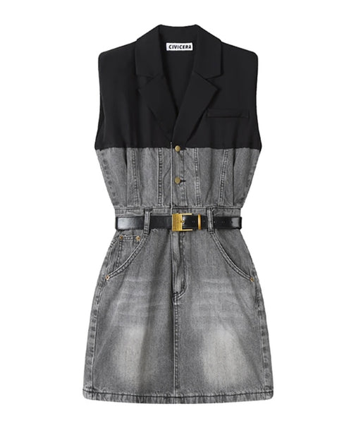 Women Button Up Sleeveless Color Patchwork Belted Denim Dress