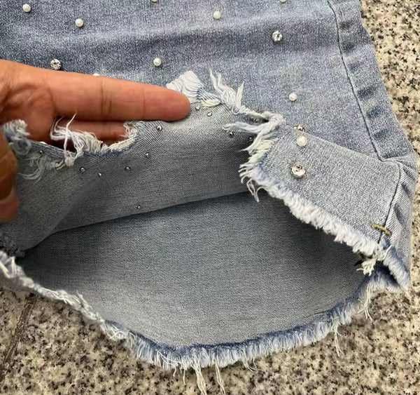 Women Fashion Pink Beaded Floral Rhinestone Denim Shorts
