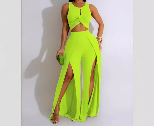 Women Sexy Sleeveless Solid Color Two Piece Front Slit Pant Set