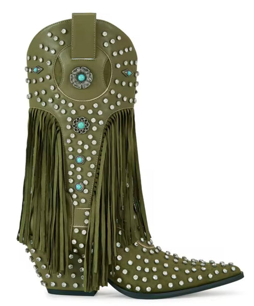 Women Color Rhinestone Fringe Tassel Fashion Western Boots
