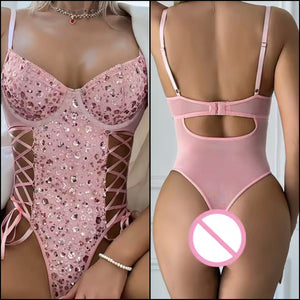 Women Sexy Sleeveless Sequins Pink Mesh Bodysuit Lingerie
