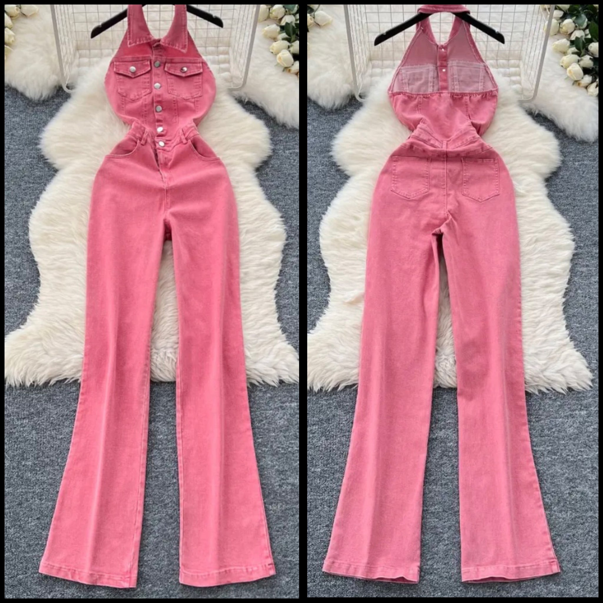 Women Sexy Fashion Pink Halter Sleeveless Denim Jumpsuit