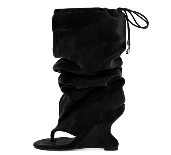 Women Fashion Suede Open Toe Wedge Ruched Drawstring Boots