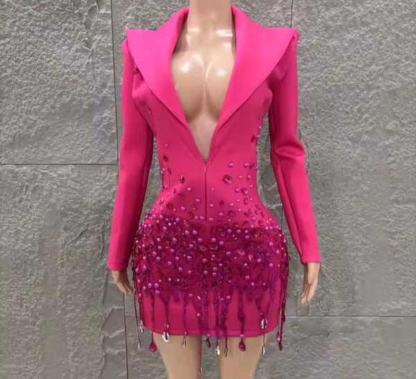 Women Sexy Full Sleeve Crystal Tassel Zip Up Blazer Dress