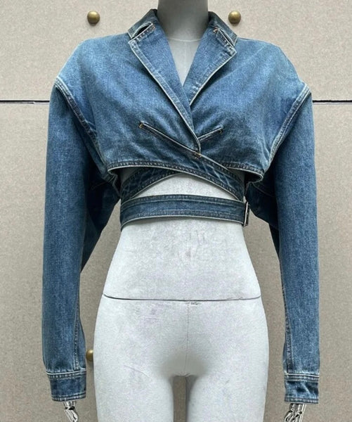 Women Fashion Denim Wrap Crop Jacket