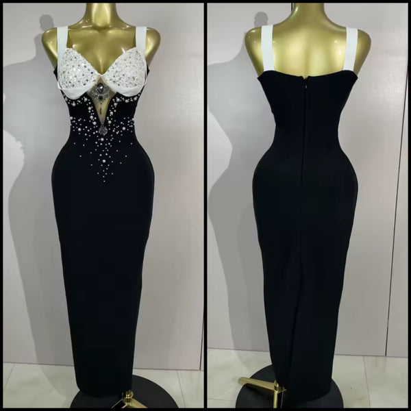 Women Sexy B&W Beaded Bling Sleeveless Maxi Dress