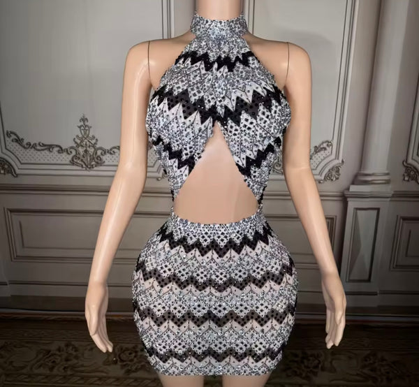 Women Sexy Halter Sleeveless Printed Rhinestone Dress