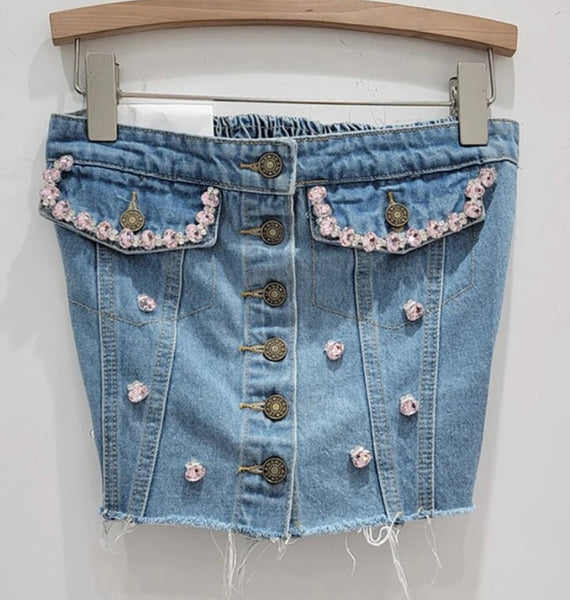 Women Fashion Button Up Strapless Pink Rhinestone Denim Crop Top