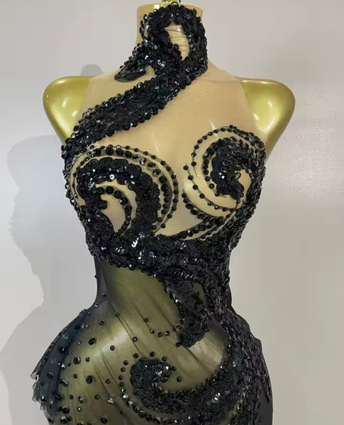 Women Black Sleeveless Sequins Rhinestone Asymmetrical Dress