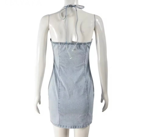 Women Sexy Halter Sleeveless Button Denim Dress