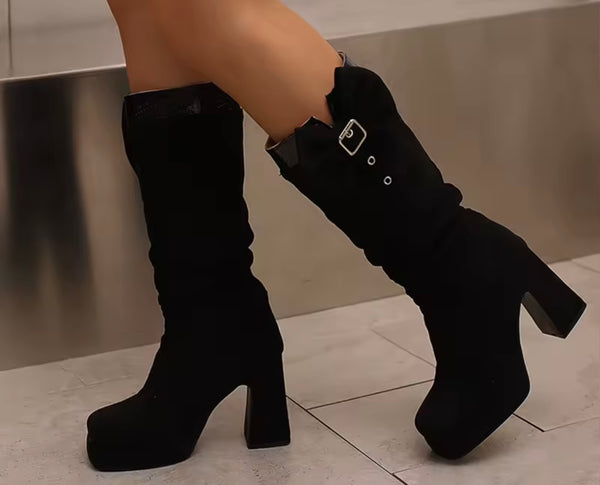 Women Fashion Buckled Bow Platform High Heel Boots
