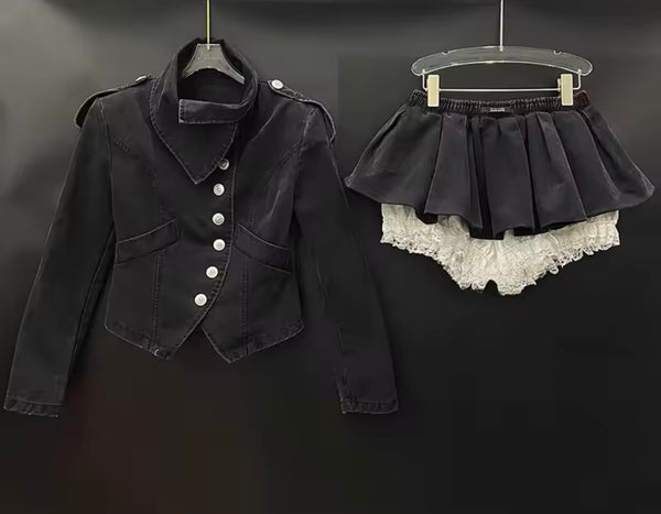 Women Collar Button Up Denim Jacket Two Piece Pleated Skirt Set